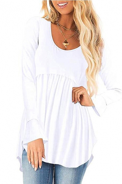 Casual Women's Tee Top Solid Color Pleated Round Neck Long Flare Cuff Sleeves High-Low Split Hem Regular Fitted T-Shirt