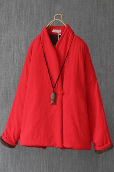 Chinese Style Coat Plain Linen and Cotton Long Sleeve Surplice Neck Frog Button Relaxed Coat