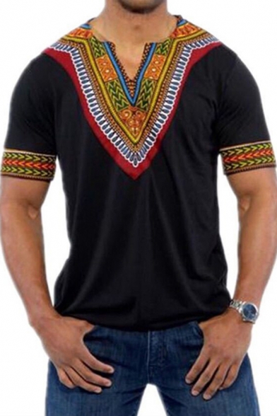 Classic Men's Tee Top Contrast Tribal Panel V Neck Short Sleeves Regular Fitted T-Shirt