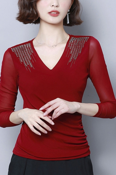 Elegant Womens T Shirt Rhinestone Decoration Long Sleeve V-neck Slim Fitted Tee Top