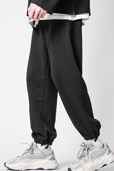Fancy Men's Pants Solid Color Drawstring Elastic Waist Banded Cuffs Ankle Length Sweatpants