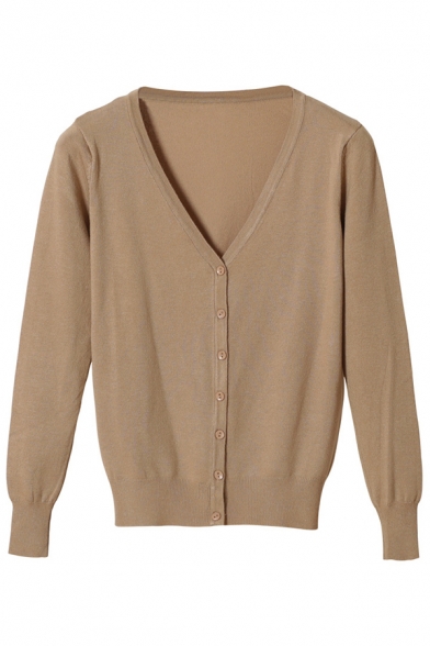 Fancy Women's Cardigan Solid Color Button Closure Ribbed Trim Long Sleeves Slim Fitted Cardigan