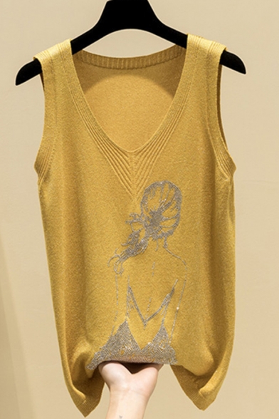 Fancy Women's Knit Vest Sequined Detail Figure Print Ribbed Trim V Neck Sleeveless Regular Fitted Knit Vest