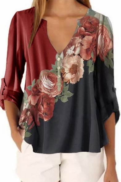 Fancy Women's Shirt Blouse Contrast Panel Floral Print V Neck Long Sleeves Regular Fitted Pullover Shirt Blouse