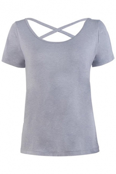 Fancy Women's Tee Top Solid Color Criss Cross Back Short Sleeves Round Neck Ruched Side Regular Fitted Active T-Shirt