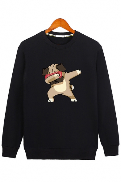 Fashion Mens Sweatshirt Cartoon Dog Print Long Sleeve Crew Neck Loose Sweatshirt