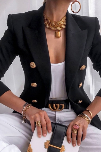 Formal Ladies Plain Blazer Long Sleeve Notched Collar Double Breasted Regular Blazer