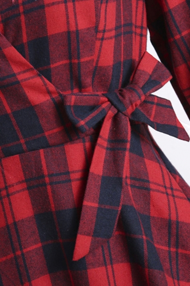 Gorgeous Ladies Dress Plaid Patterned Roll-up Sleeve Notched Collar Bow-tied Waist Midi A-line Pleated Dress in Red