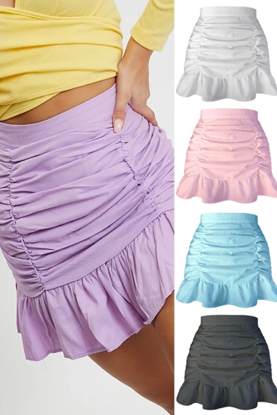 Ladies Chic Plain Skirt High Waist Ruched Ruffled Hem Mini Fishtail Skirt