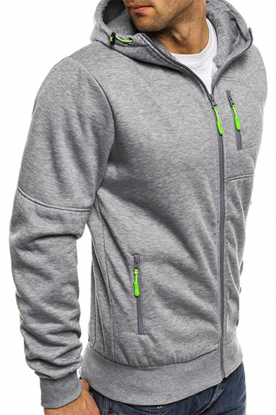 Leisure Men's Hoodie Contrast Piping Zip Fly Long Sleeves Drawstring Hooded Sweatshirt