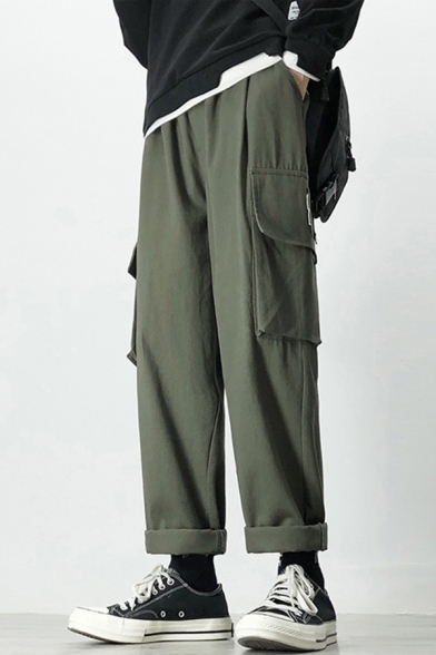 Leisure Men's Pants Solid Color Flap Pocket Drawstring Elastic Waist Fleece Lined Ankle Length Tapered Pants