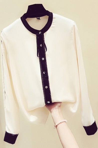 Leisure Women's Shirt Blouse Contrast Lace Trim Button Fly Long Sleeves Mock Neck Regular Fitted Shirt Blouse