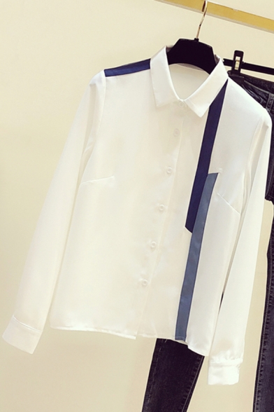 Leisure Women's Shirt Contrast Panel Button Closure Point Collar Long Sleeve Regular Fitted Shirt