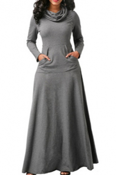 Leisure Womens Dress Solid Color Long Sleeve Cowl Neck Maxi A-line Dress