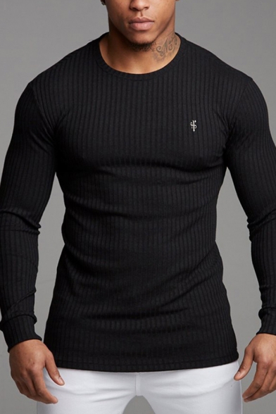 Popular Guys T Shirt Knit Logo Print Long Sleeve Crew Neck Fitted Tee Top