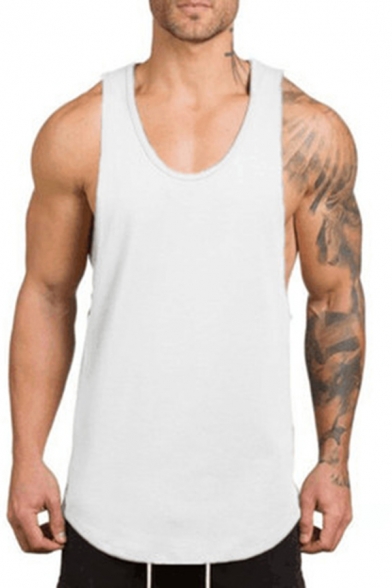 Simple Mens Tank Solid Color Scoop Neck Curved Hem Relaxed Tank Top