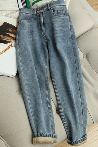 Stylish Women's Jeans Faded Wash Side Pocket Fleece Lined Elastic Waist Zip Fly Long Tapered Jeans