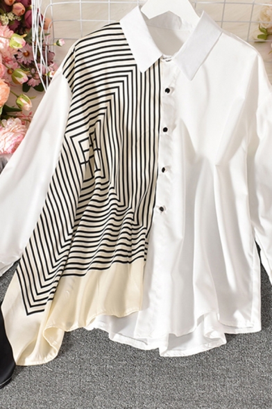 Stylish Women's Shirt Blouse Contrast Panel Asymmetrical Hem Point Collar Long Sleeve Relaxed Fit Shirt Blouse