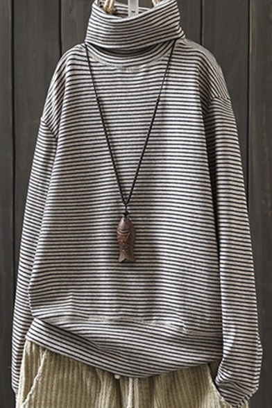 Trendy Womens Tee Top Stripe Printed Long Sleeve Turtleneck Relaxed T Shirt