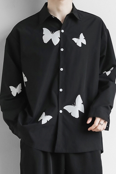 Unique Men's Shirt Butterfly Pattern Button Closure Point Collar Long Sleeves Regular Fitted Shirt