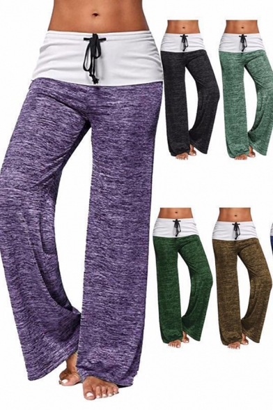 Casual Girls Pants Colorblcok Drawstring Waist Long Length Wide-leg Pants