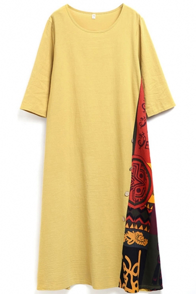 Casual Womens Dress Cartoon Print Patched Long Sleeve Round Neck Maxi A-line T Shirt Dress