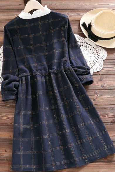 Cute Womens Dress Plaid Print Long Sleeve Patched Mock Neck Drawstring Waist Short A-line Dress in Dark Blue