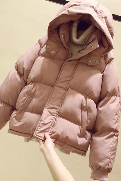 Elegant Women's Down Coat Plain Quilted Zip Closure Banded Cuffs Long Sleeves Relaxed Fit Down Coat