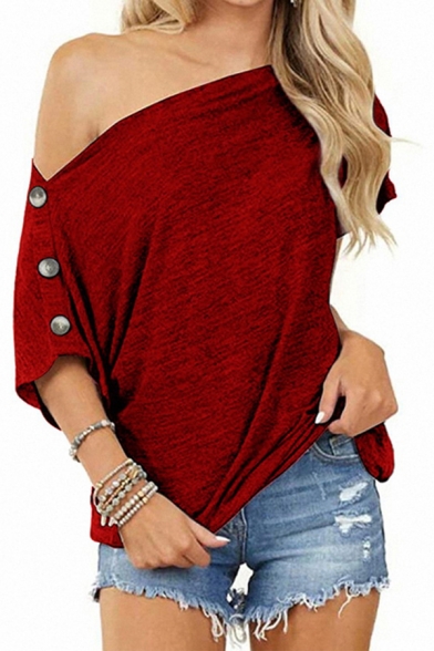 Elegant Women's Tee Top Heathered One Shoulder Button Design Short Sleeves Relaxed Fit T-Shirt