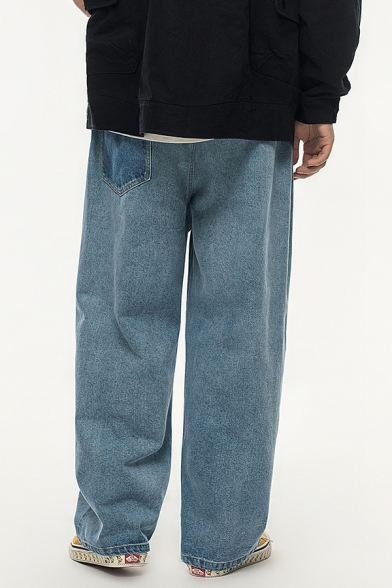 Fancy Men's Jeans Light Wash Zip Fly Pocket Design Elastic Waist Long Wide Leg Jeans