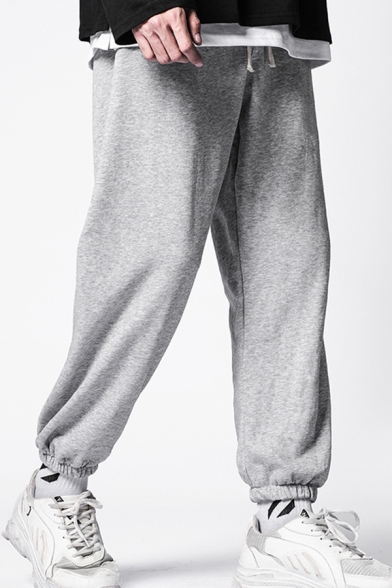 Fancy Men's Pants Solid Color Drawstring Elastic Waist Banded Cuffs Ankle Length Sweatpants