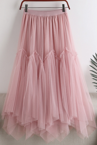 Fancy Women's Skirt Mesh-Gauze Asymmetrical Hem Pleated Elastic Waist Tiered Long A-Line Dress