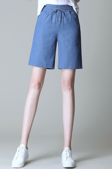 Fashion Womens Shorts Plain Drawstring Waist Straight Denim Shorts