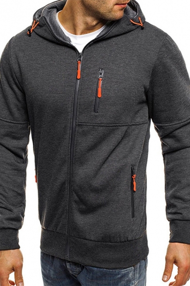 Leisure Men's Hoodie Contrast Piping Zip Fly Long Sleeves Drawstring Hooded Sweatshirt