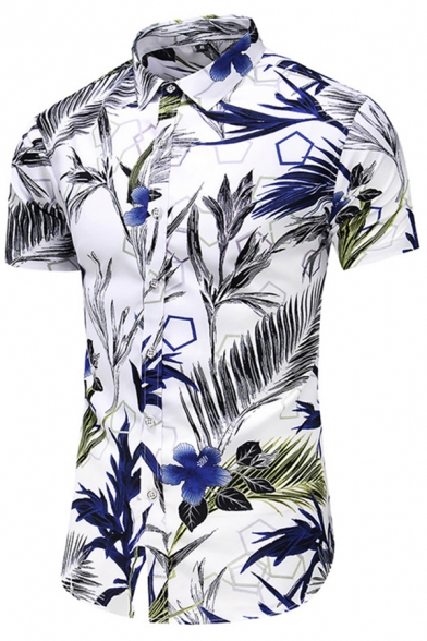 Leisure Men's Shirt All over Leaf Print Button Fly Turn-down Collar Short-sleeved Regular Fitted Shirt
