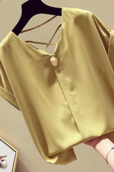 Leisure Women's Shirt Blouse Solid Color Criss Cross Button Front Rolled up Short Sleeve V Neck Relaxed Fit Shirt Blouse