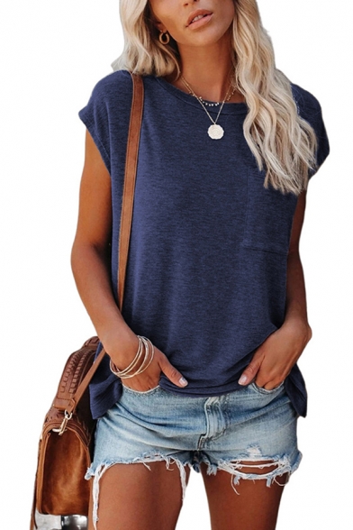 Leisure Women's Tee Top Heathered Chest Pocket Round Neck Short Sleeves Regular Fitted T-Shirt