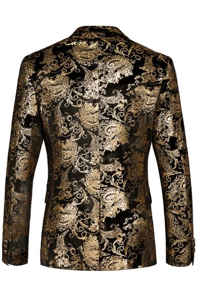 Mens Popular Black and Gold Floral Print Long Sleeve Double Button Vintage Tuxedo Blazer