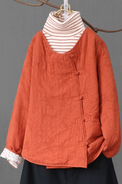 Simple Womens Coat Linen and Cotton Long Sleeve Crew Neck Oblique Button Up Plain Loose Fit Coat