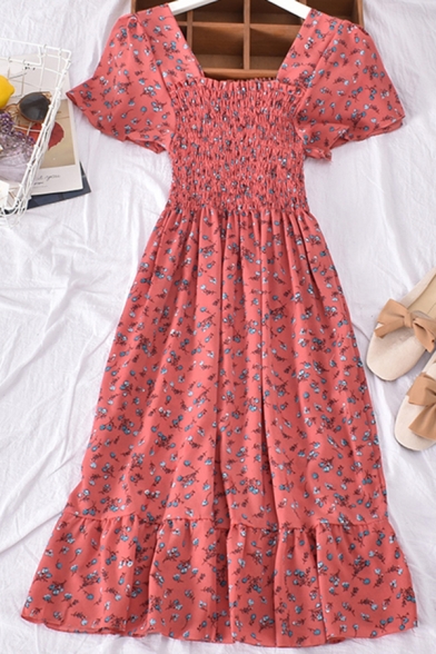 Stylish Women's A-Line Dress Floral Pattern Stringy Selvedge Embellished Short Butterfly Sleeve Square Neck Midi A-Line Dress