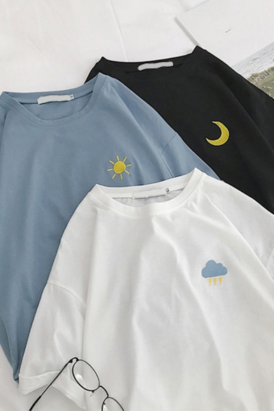 Summer Mens T Shirt Sun Moon Cloud Printed Short Sleeve Crew Neck Relaxed Tee Top