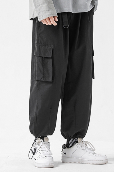 Trendy Men's Pants Flap Pocket Zip Fly Buckle Detailed Drawstring Hem Wide Leg Pants