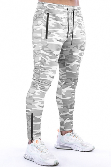 Trendy Mens Pants Camo Printed Drawstring Waist Ankle Length Zipper Front Fit Pants
