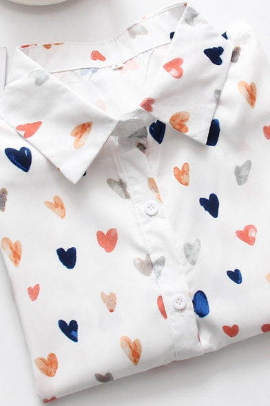 Unique Women's Shirt Blouse Sweetheart Print Button Closure Point Collar Long Sleeve Regular Fitted Shirt Blouse