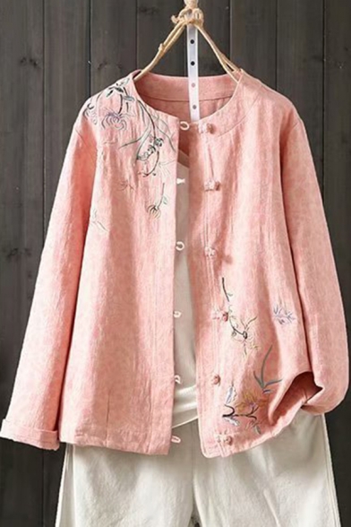 Vintage Womens Jacket Floral Embroidery Long Sleeve Crew Neck Frog Button Up Loose Fit Linen Jacket
