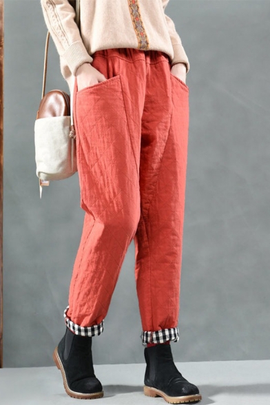 Warm Pants Quilted Elastic Waist Ankle Length Carrot Fit Pants for Women