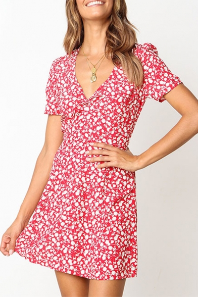 Women's Trendy Floral Printed V-Neck Short Sleeve Mini A-Line Tea Dress in Pink