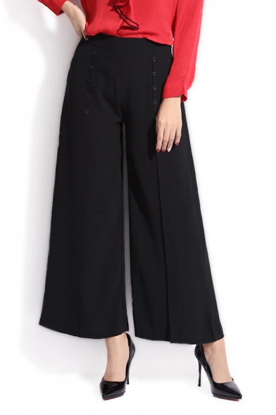Womens Popular Pants High Rise Ankle Length Wide-leg Pants in Black