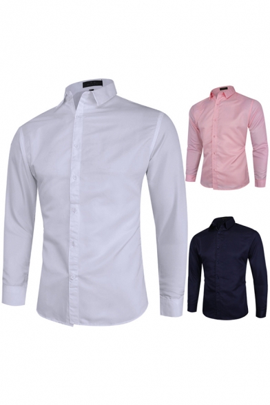 Basic Men's Shirt Solid Color Button Fly Turn-down Collar Long Sleeves Regular Fitted Shirt