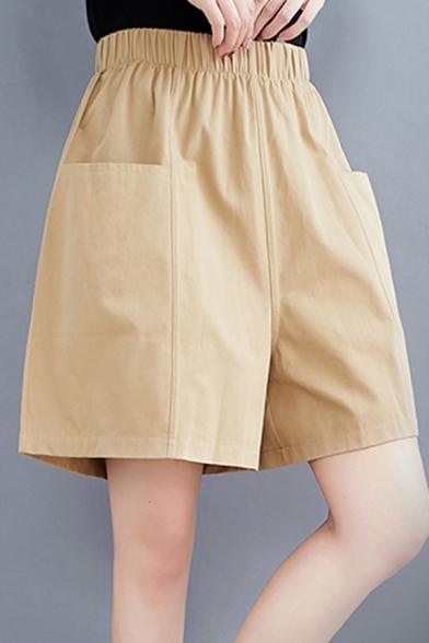 Casual Women's Shorts Solid Color Elastic Waist Front Pocket Regular Fitted Straight Shorts
